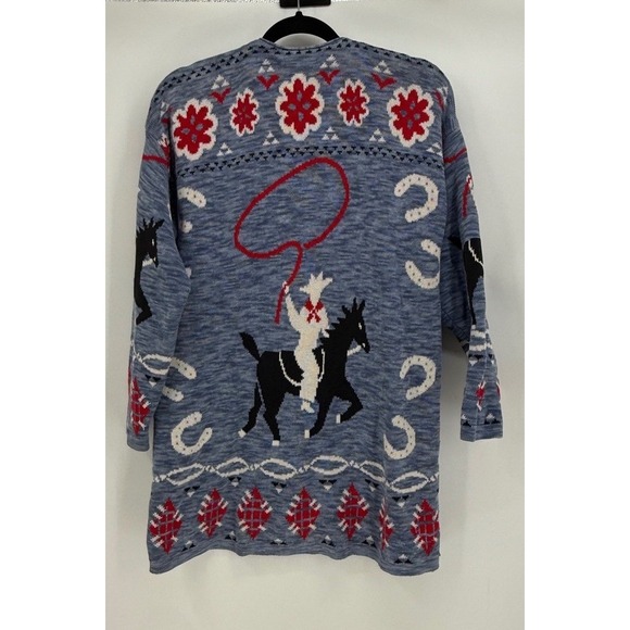 Vintage 90s Delia McKain Western Cowboy Roping Cardigan Sweater Size Lg Blue - Picture 5 of 5